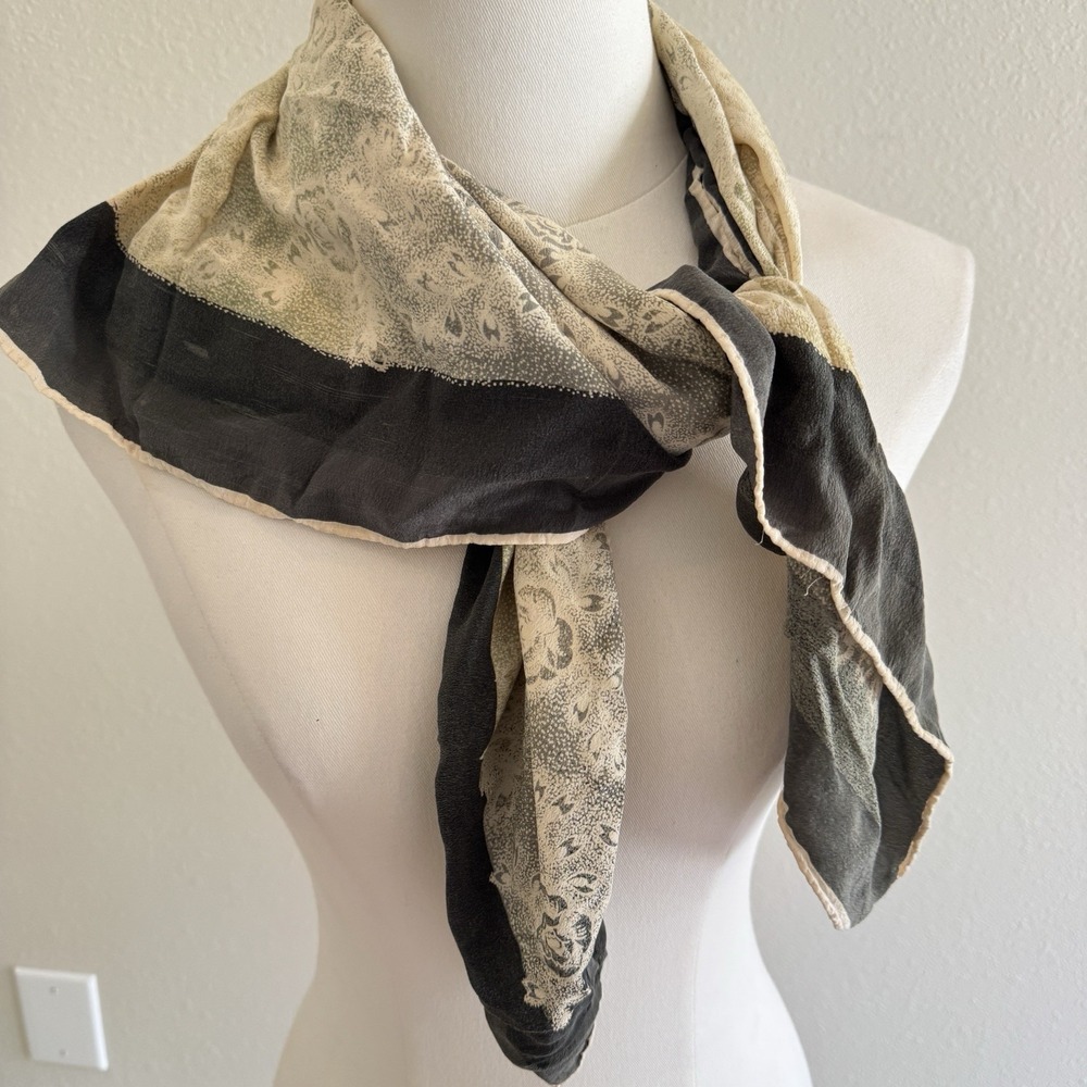 Vtg Gray Green Floral Print 100% Silk Square Scarf Accessory Antique Italy